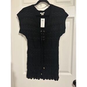 Cache Black Lace Up V-Neck‎ Knit Tunic Top Sleeveless Scalloped Hem XS NWT
